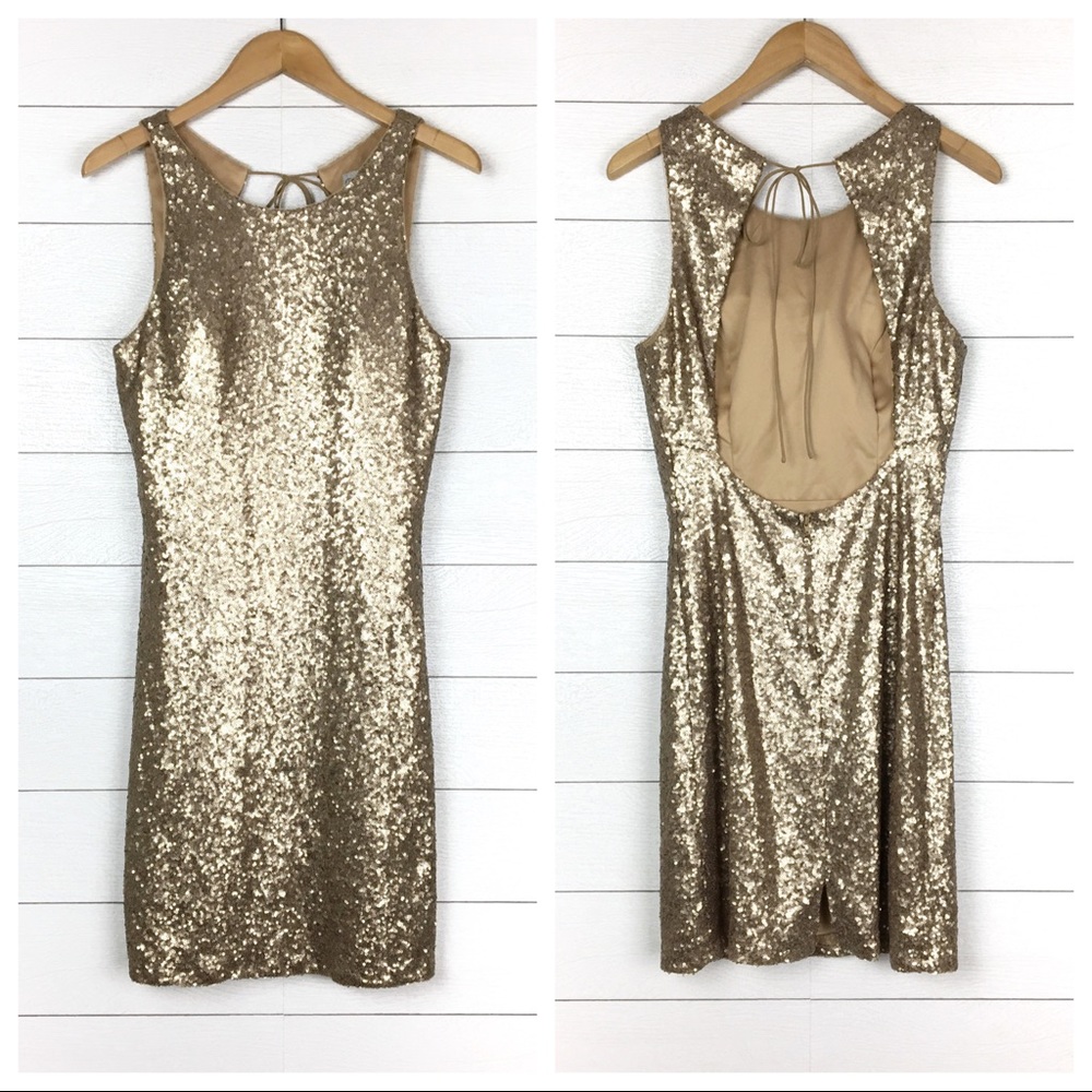 Christina Wu Gold Sequin Sleeveless Open-Back Cocktail Dress
